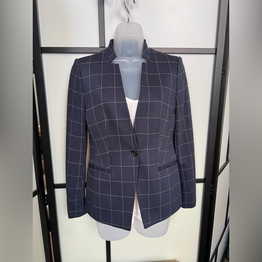 Banana Republic Inverted Collar Blazer 0 Navy Blue Windowpane Lined Knit